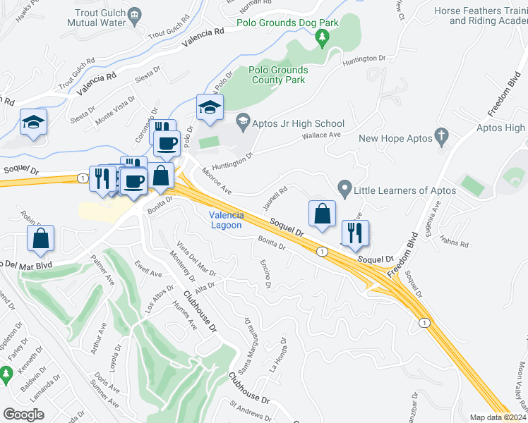 map of restaurants, bars, coffee shops, grocery stores, and more near 108 Jaunell Road in Aptos