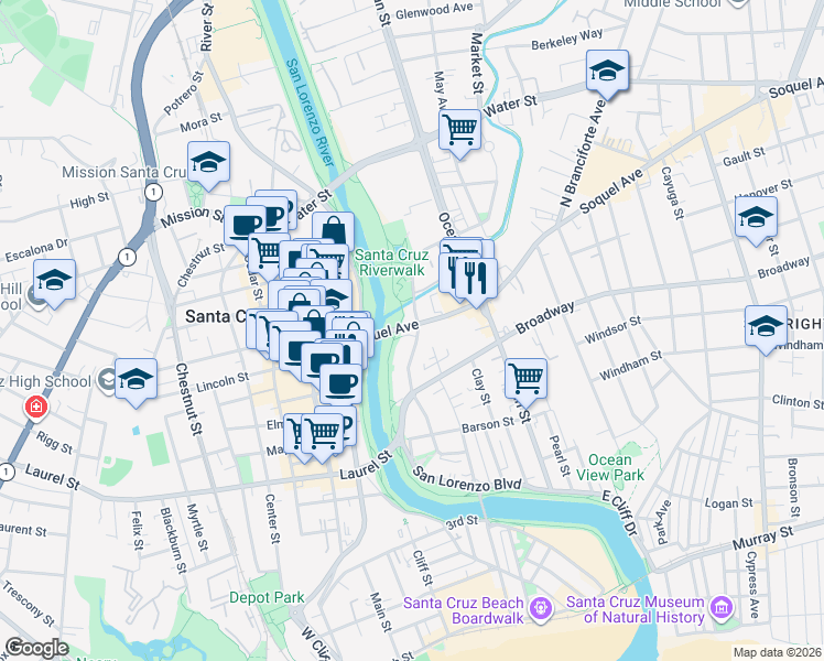 map of restaurants, bars, coffee shops, grocery stores, and more near in Santa Cruz