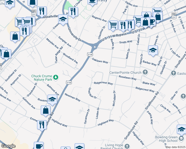 map of restaurants, bars, coffee shops, grocery stores, and more near 624 Windmill Circle in Bowling Green