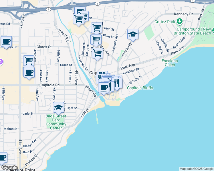 map of restaurants, bars, coffee shops, grocery stores, and more near 217 San Jose Avenue in Capitola