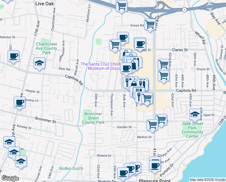 map of restaurants, bars, coffee shops, grocery stores, and more near 1645 Thompson Avenue in Santa Cruz