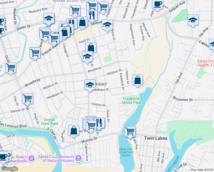map of restaurants, bars, coffee shops, grocery stores, and more near 202 Darwin Street in Santa Cruz