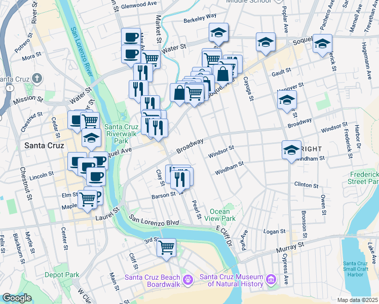 map of restaurants, bars, coffee shops, grocery stores, and more near 411 Ocean View Avenue in Santa Cruz