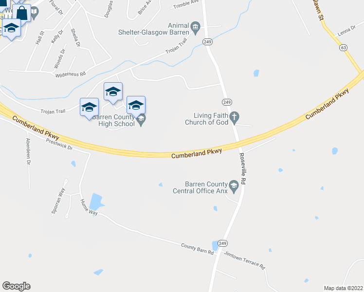 map of restaurants, bars, coffee shops, grocery stores, and more near Louie B. Nunn Cumberland Parkway in Glasgow