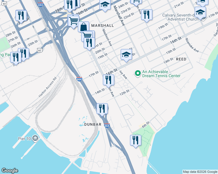 map of restaurants, bars, coffee shops, grocery stores, and more near in Newport News