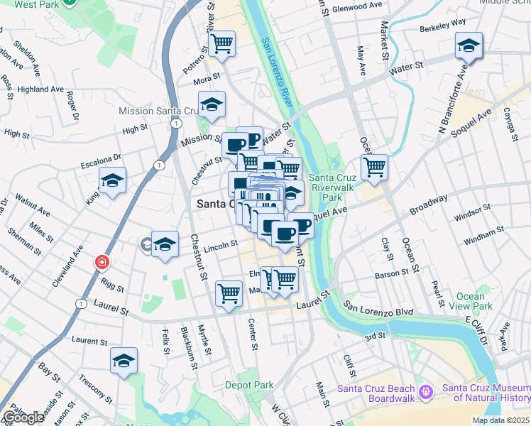 map of restaurants, bars, coffee shops, grocery stores, and more near 108 Walnut Avenue in Santa Cruz