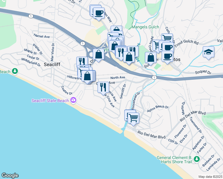 map of restaurants, bars, coffee shops, grocery stores, and more near 117 El Camino Del Mar in Aptos