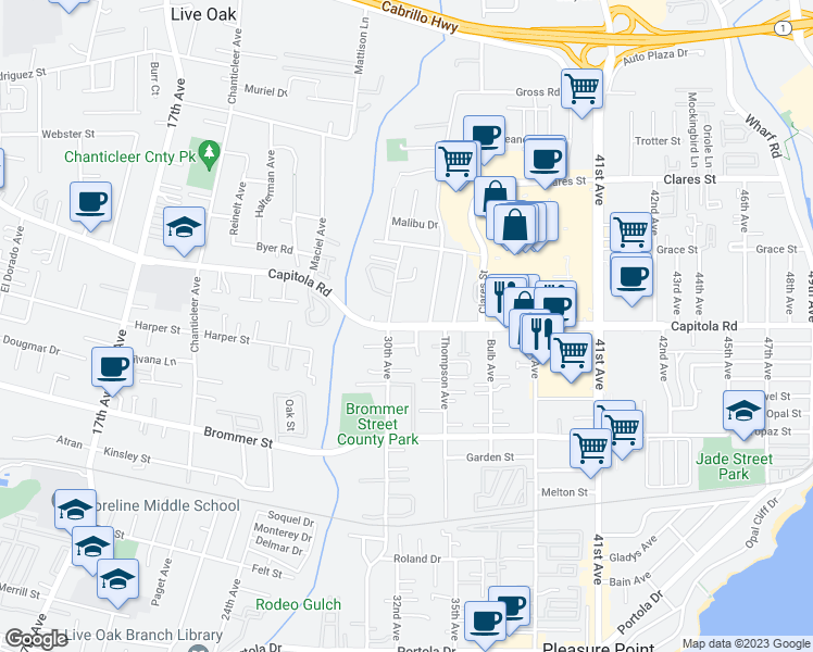 map of restaurants, bars, coffee shops, grocery stores, and more near 3045 Capitola Rd in Capitola