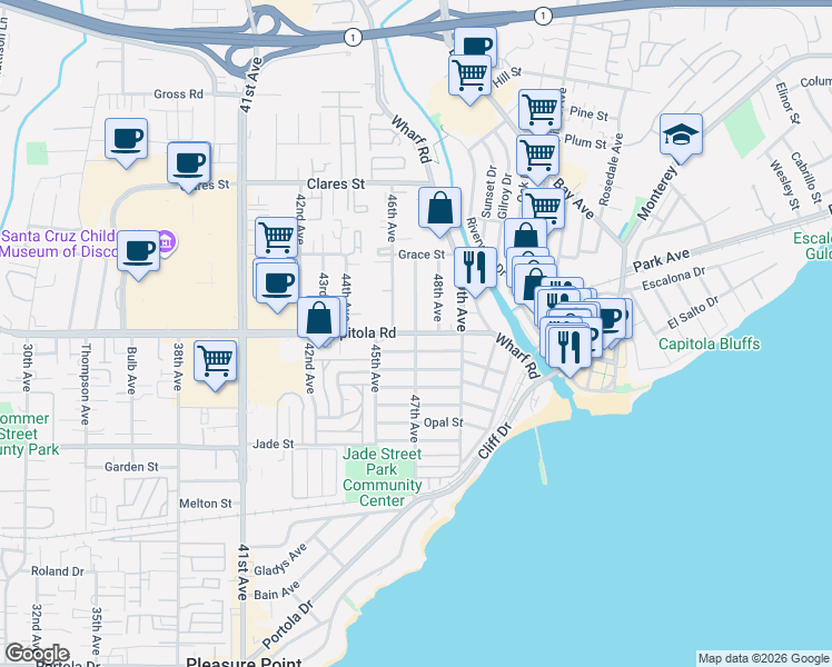 map of restaurants, bars, coffee shops, grocery stores, and more near Capitola Rd & 47th Ave in Capitola