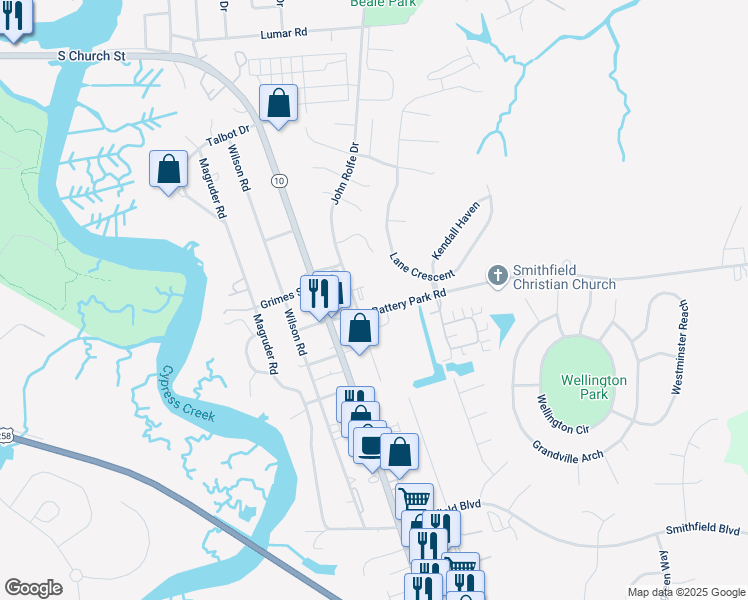 map of restaurants, bars, coffee shops, grocery stores, and more near 207 Battery Park Road in Smithfield