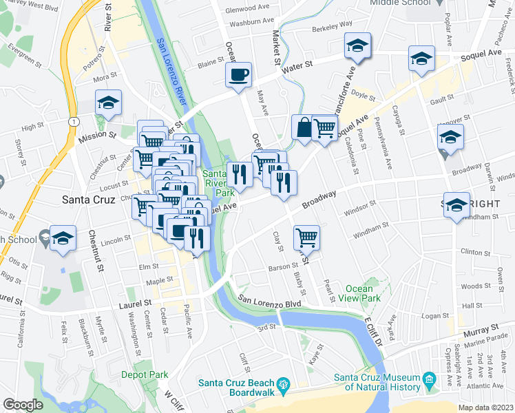 map of restaurants, bars, coffee shops, grocery stores, and more near 320 Soquel Avenue in Santa Cruz