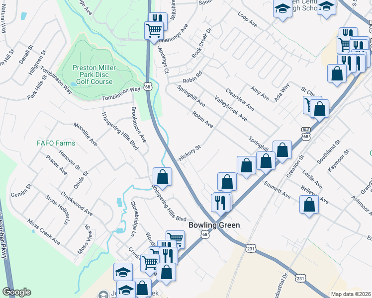 map of restaurants, bars, coffee shops, grocery stores, and more near 2311 Russellville Road in Bowling Green