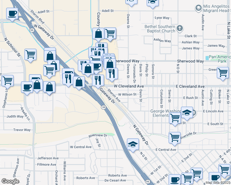 map of restaurants, bars, coffee shops, grocery stores, and more near 337 West Wilson Street in Madera