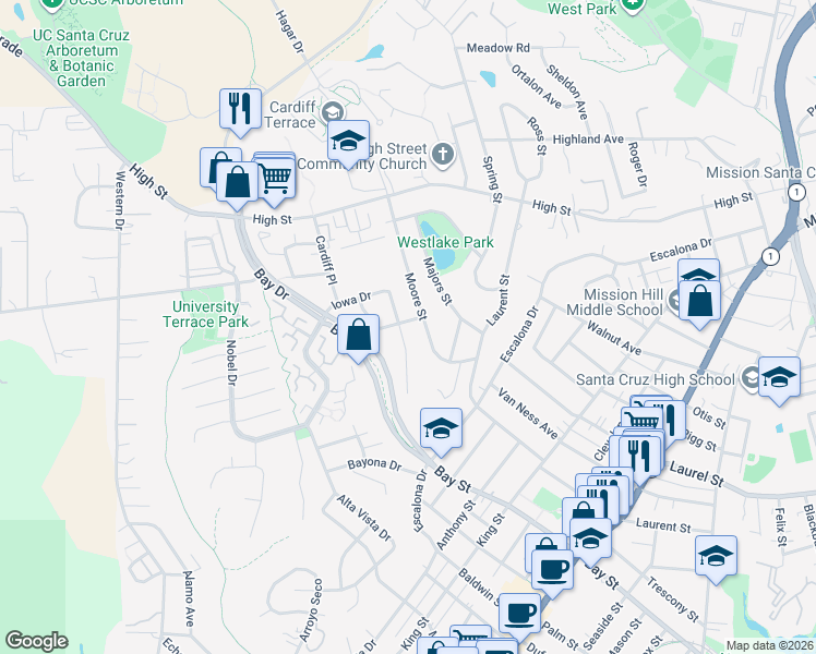 map of restaurants, bars, coffee shops, grocery stores, and more near 111 Fridley Drive in Santa Cruz