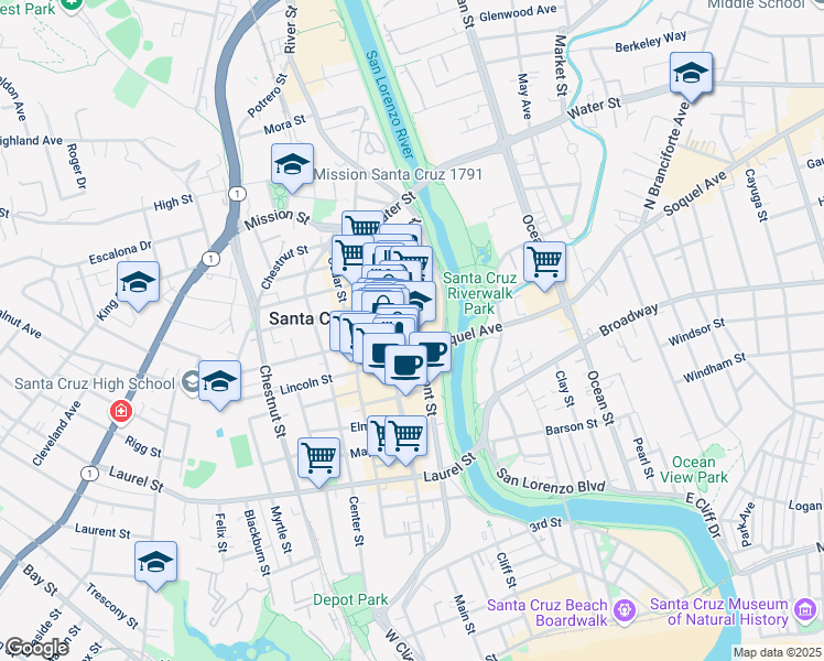 map of restaurants, bars, coffee shops, grocery stores, and more near 607 Front Street in Santa Cruz