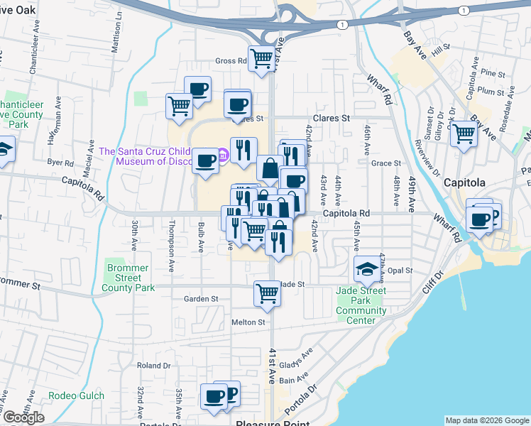 map of restaurants, bars, coffee shops, grocery stores, and more near 4015 Capitola Road in Santa Cruz
