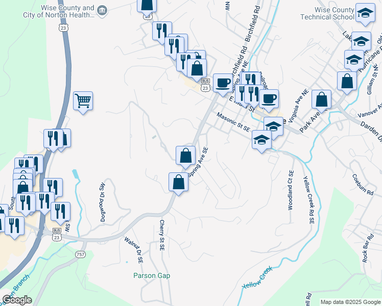 map of restaurants, bars, coffee shops, grocery stores, and more near 100-198 Glade St SE in Wise