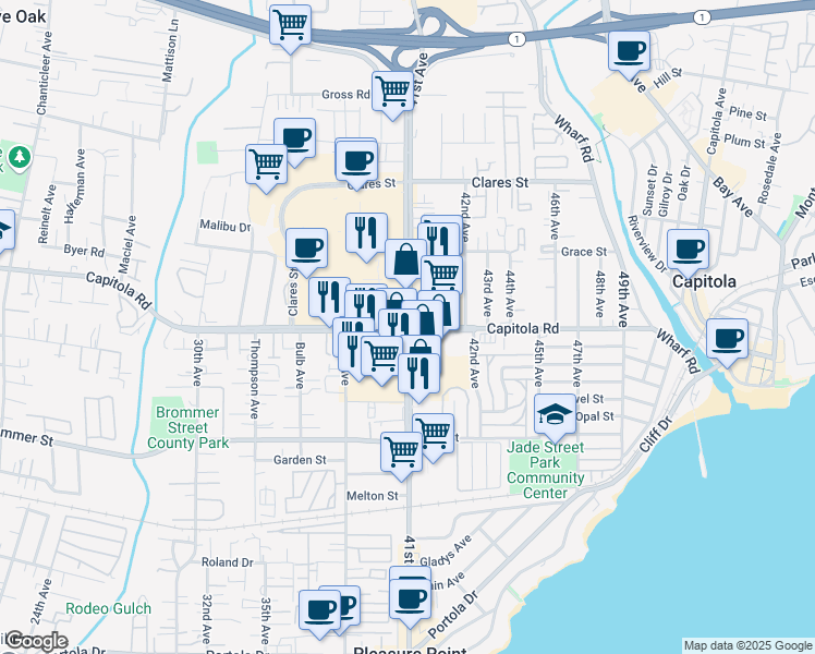 map of restaurants, bars, coffee shops, grocery stores, and more near 1703 41st Avenue in Capitola