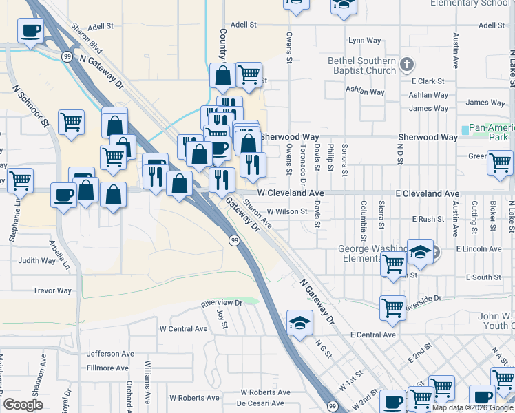 map of restaurants, bars, coffee shops, grocery stores, and more near 337 West Wilson Street in Madera