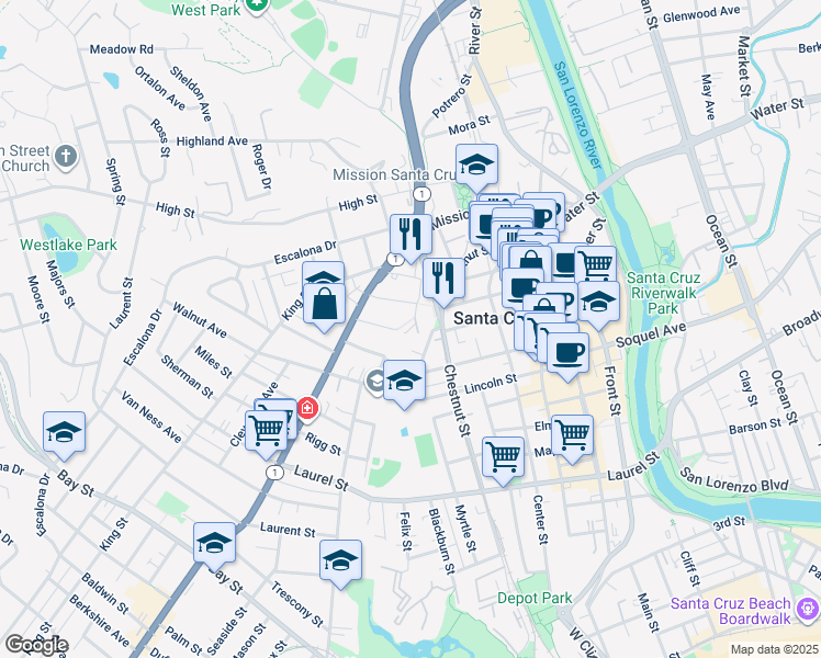 map of restaurants, bars, coffee shops, grocery stores, and more near 142 Chrystal Terrace in Santa Cruz