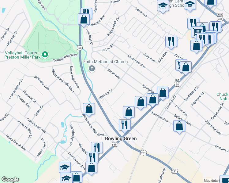 map of restaurants, bars, coffee shops, grocery stores, and more near 2311 Russellville Road in Bowling Green