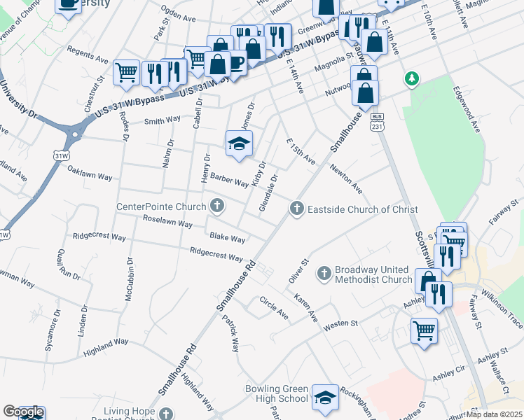map of restaurants, bars, coffee shops, grocery stores, and more near 1714 Glendale Drive in Bowling Green