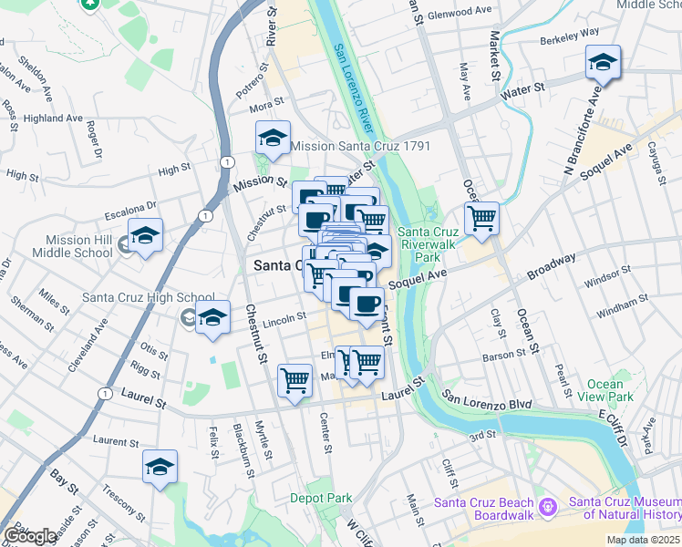 map of restaurants, bars, coffee shops, grocery stores, and more near 108 Walnut Avenue in Santa Cruz