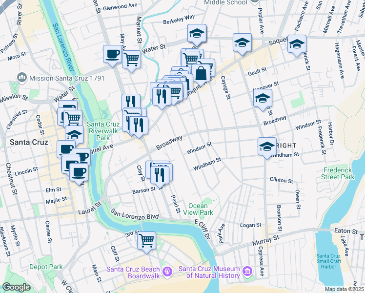 map of restaurants, bars, coffee shops, grocery stores, and more near 411 Ocean View Avenue in Santa Cruz