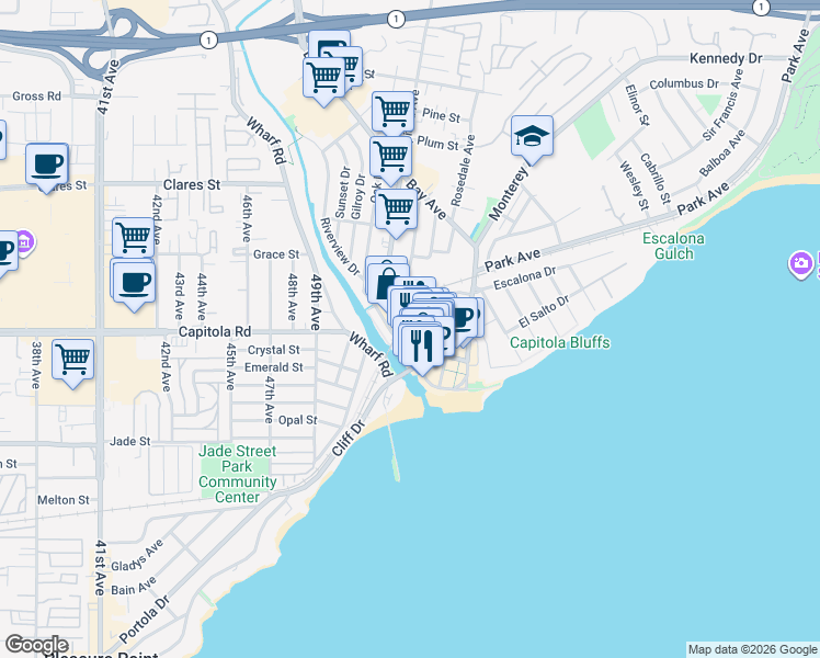 map of restaurants, bars, coffee shops, grocery stores, and more near 322 Capitola Avenue in Capitola