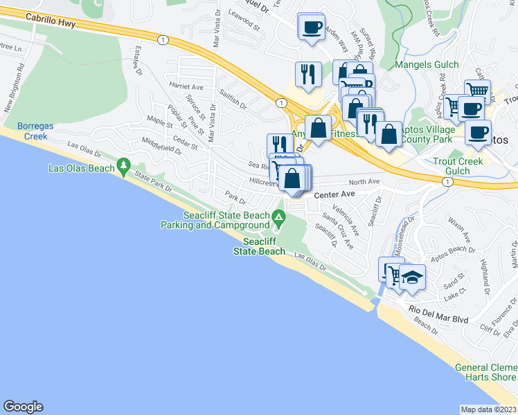 map of restaurants, bars, coffee shops, grocery stores, and more near 315 Park Drive in Aptos