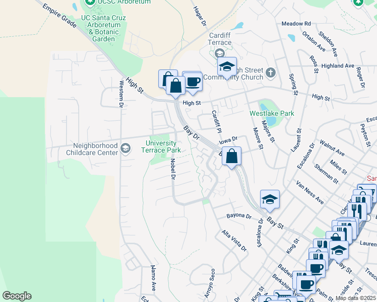 map of restaurants, bars, coffee shops, grocery stores, and more near 660 Nobel Drive in Santa Cruz