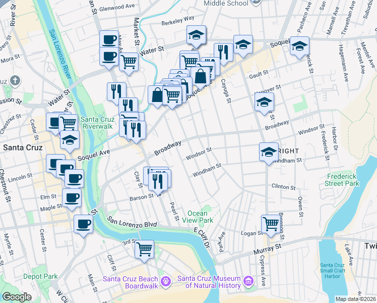 map of restaurants, bars, coffee shops, grocery stores, and more near 411 South Branciforte Avenue in Santa Cruz