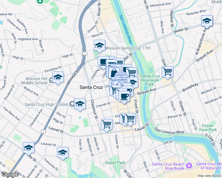 map of restaurants, bars, coffee shops, grocery stores, and more near 207 Church Street in Santa Cruz