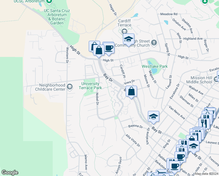 map of restaurants, bars, coffee shops, grocery stores, and more near 178 Peach Terrace in Santa Cruz