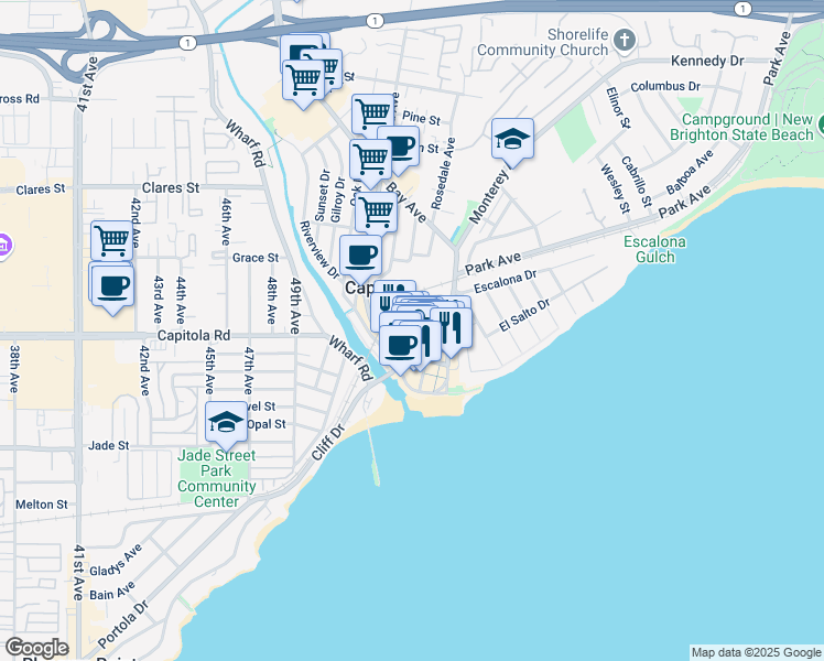 map of restaurants, bars, coffee shops, grocery stores, and more near 303 Cherry Avenue in Capitola