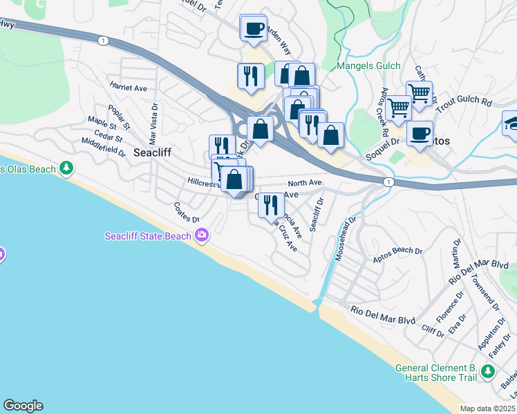 map of restaurants, bars, coffee shops, grocery stores, and more near 237 Santa Cruz Avenue in Aptos