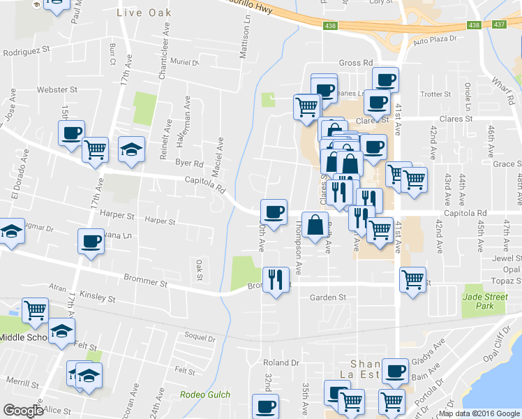 map of restaurants, bars, coffee shops, grocery stores, and more near 2973 Childers Lane in Santa Cruz