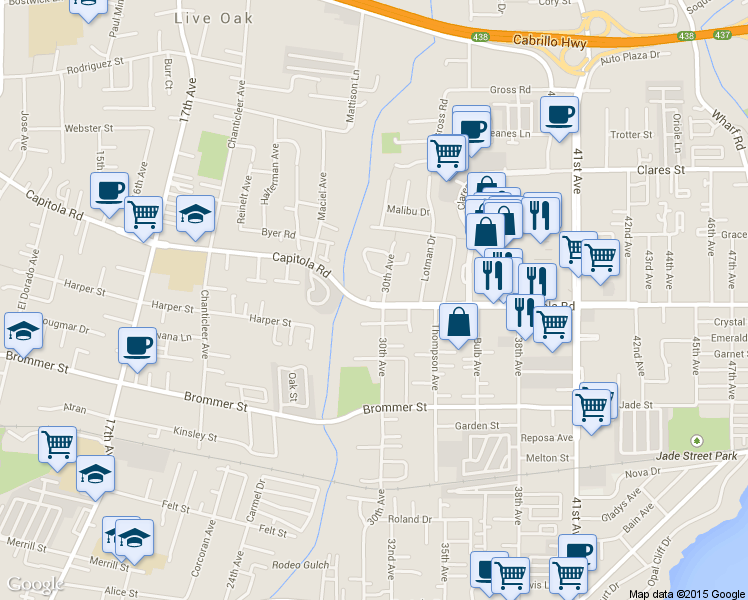 map of restaurants, bars, coffee shops, grocery stores, and more near 2973 Childers Lane in Santa Cruz