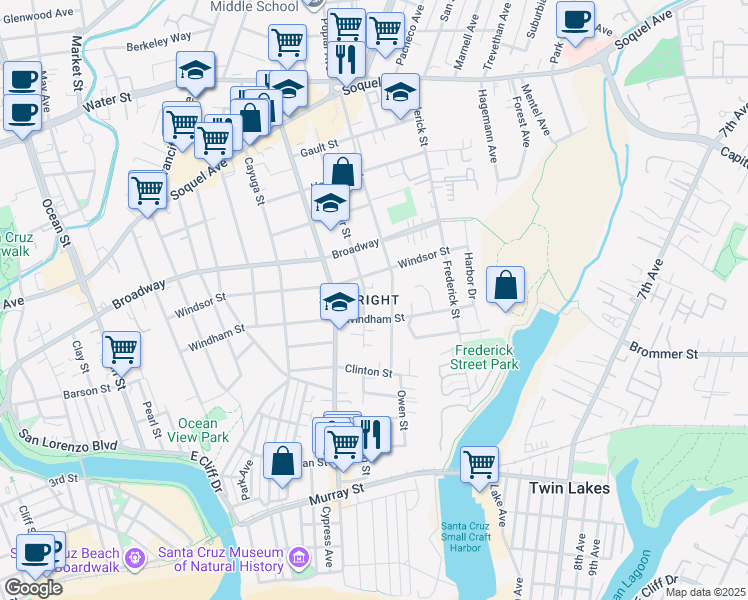 map of restaurants, bars, coffee shops, grocery stores, and more near in Santa Cruz