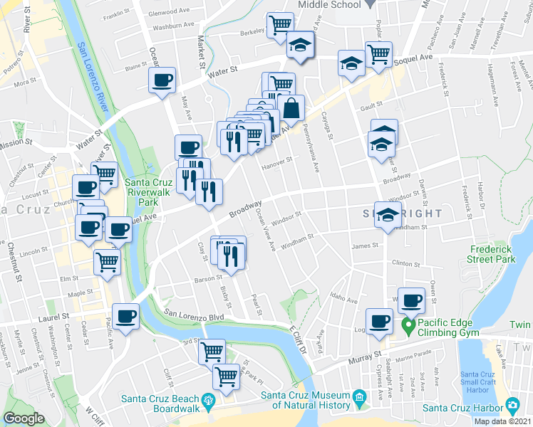 map of restaurants, bars, coffee shops, grocery stores, and more near 405 South Branciforte Avenue in Santa Cruz
