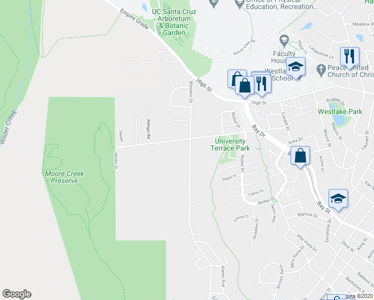 map of restaurants, bars, coffee shops, grocery stores, and more near 904 Western Drive in Santa Cruz