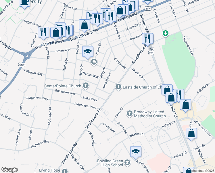 map of restaurants, bars, coffee shops, grocery stores, and more near 1714 Glendale Drive in Bowling Green