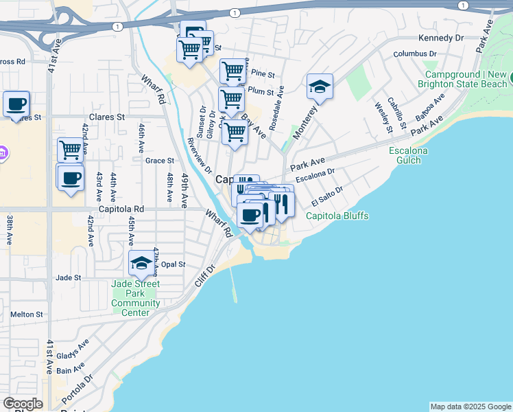 map of restaurants, bars, coffee shops, grocery stores, and more near 303 Cherry Avenue in Capitola