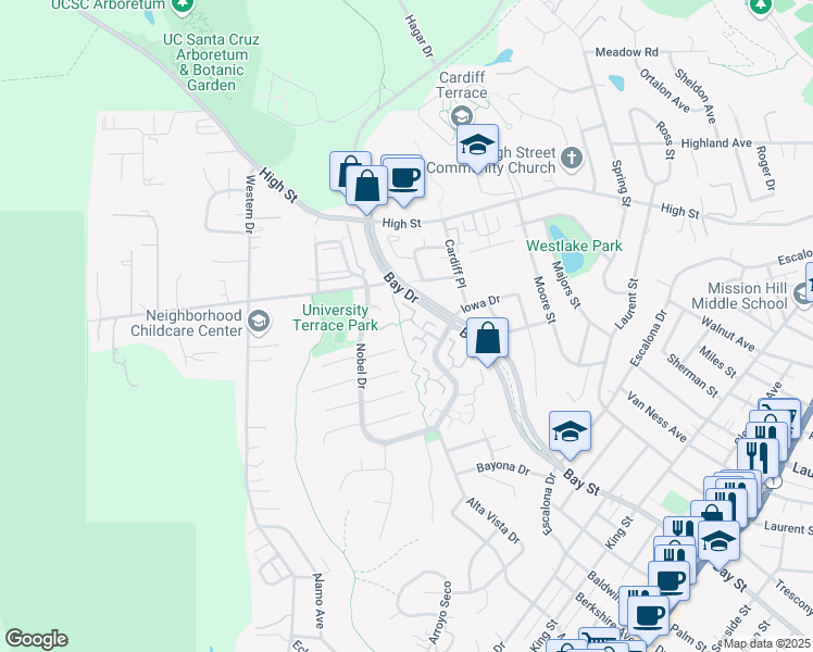 map of restaurants, bars, coffee shops, grocery stores, and more near 178 Peach Terrace in Santa Cruz