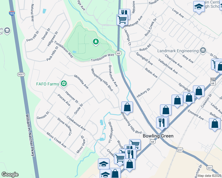 map of restaurants, bars, coffee shops, grocery stores, and more near 215 Whispering Hills Boulevard in Bowling Green