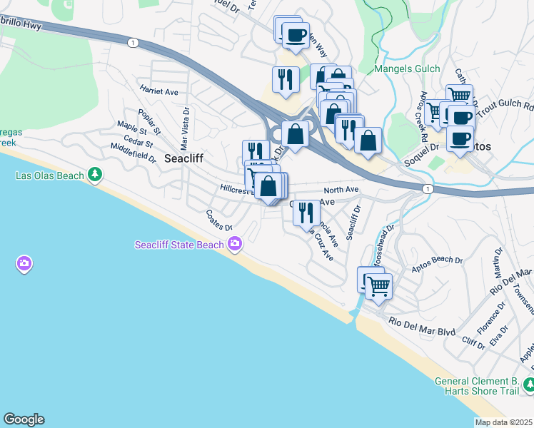 map of restaurants, bars, coffee shops, grocery stores, and more near 300 State Park Drive in Aptos
