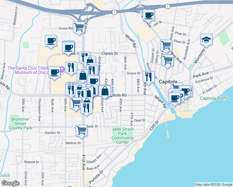 map of restaurants, bars, coffee shops, grocery stores, and more near 4401 Capitola Road in Capitola
