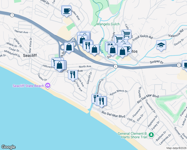 map of restaurants, bars, coffee shops, grocery stores, and more near 125 Seacliff Drive in Aptos