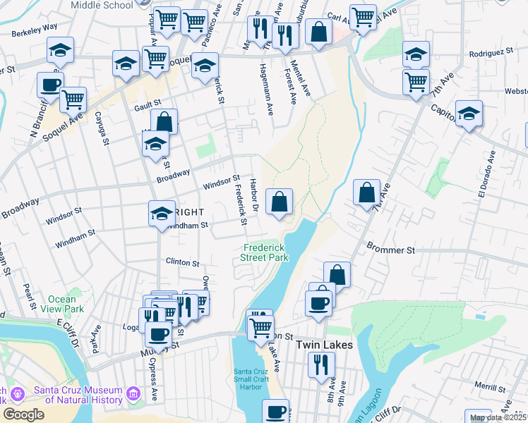 map of restaurants, bars, coffee shops, grocery stores, and more near 304 Harbor Drive in Santa Cruz