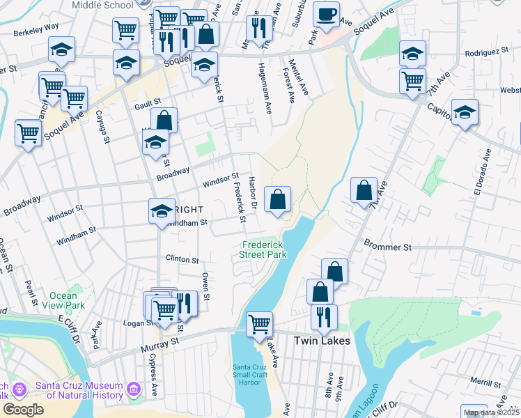 map of restaurants, bars, coffee shops, grocery stores, and more near 304 Harbor Drive in Santa Cruz